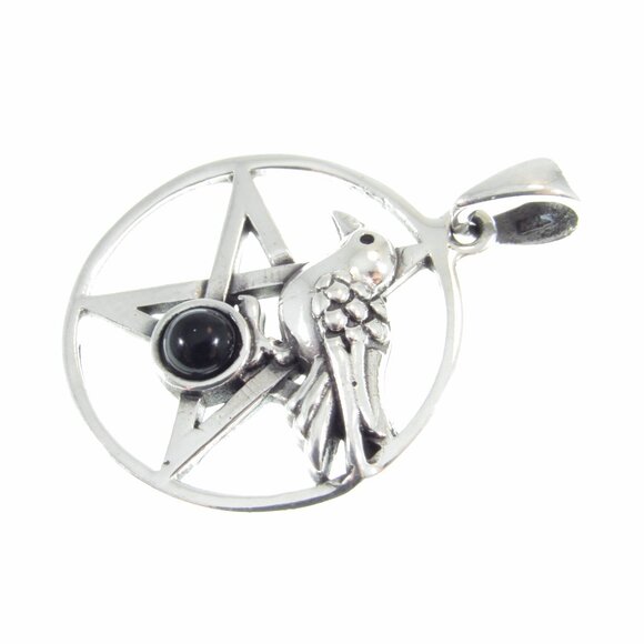 Solid 925 Sterling Silver & Black Onyx Wiccan Raven Pentacle Pentagram Pendant - Picture 7 of 9